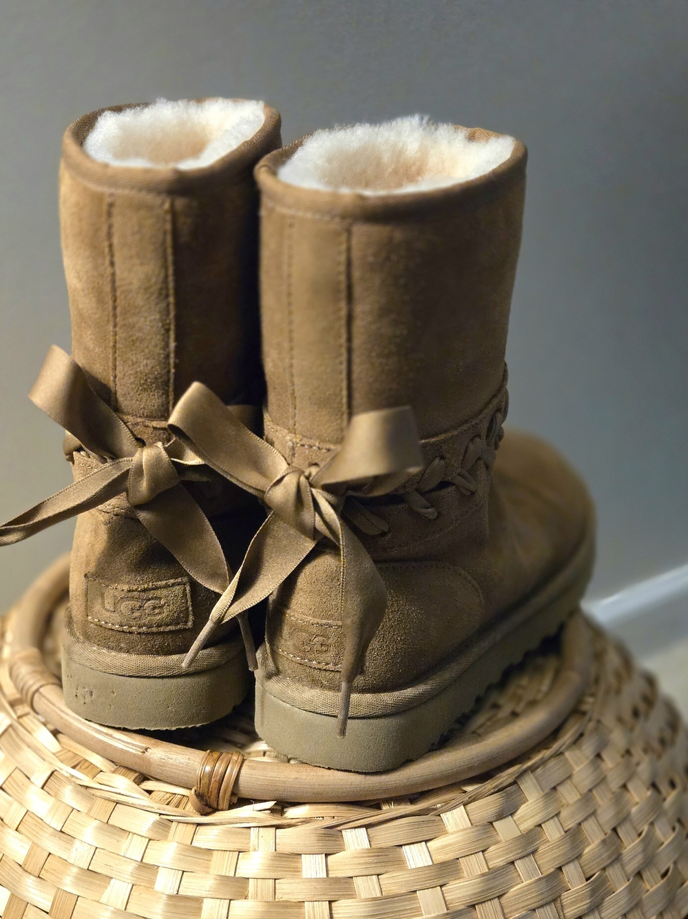 UGG Chestnut Suede Shearling Bow Short Boot